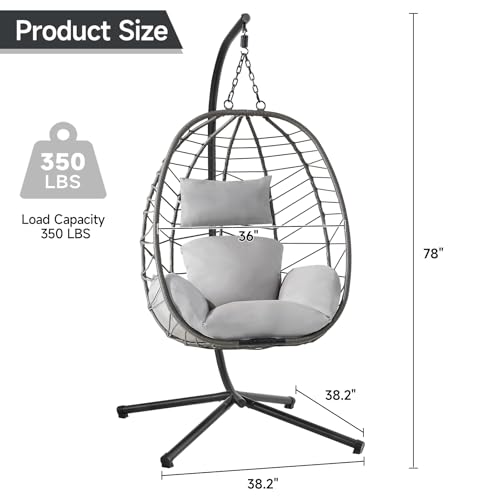 Hanging Egg Chair with Stand, Outdoor Indoor Egg Swing Chair with Cushion Headrest, Wicker Rattan Egg Chair with Dual Chains
