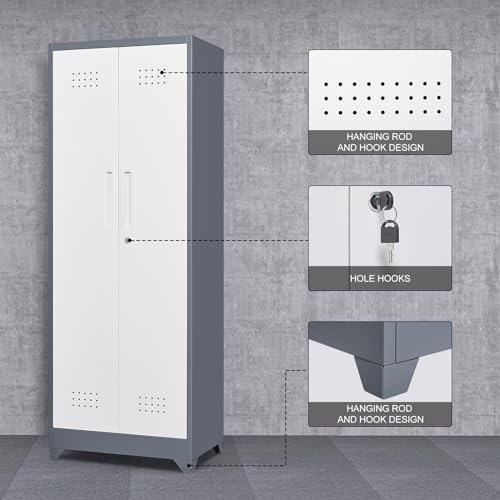 GREATMEET Broom Storage Cabinet, 65" Metal Utility Closet for Brooms and Mops, Cleaning Supply Cabinet with Pegboard