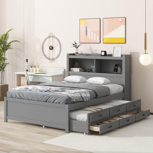 Full Size Storage Bed with Bookcase Headboard and Trundle, Wood Platform Bed Frame with Charging Station