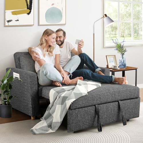SEJOV 3-in-1 Convertible Sofa Bed, Linen Fabric Sleeper Couch Pull Out Bed, 49" 2-Seater Loveseat Futon Sofa with Spring Support