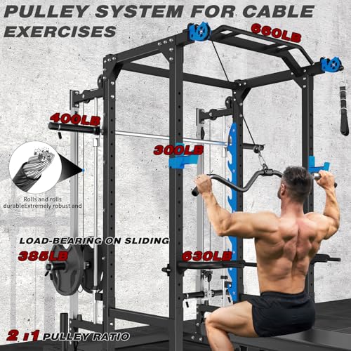 Power Cage with Cable Crossover/Smith Machine System LAT-Pull Down System Power Rack Squat Rack Training Attachments for Home Gym