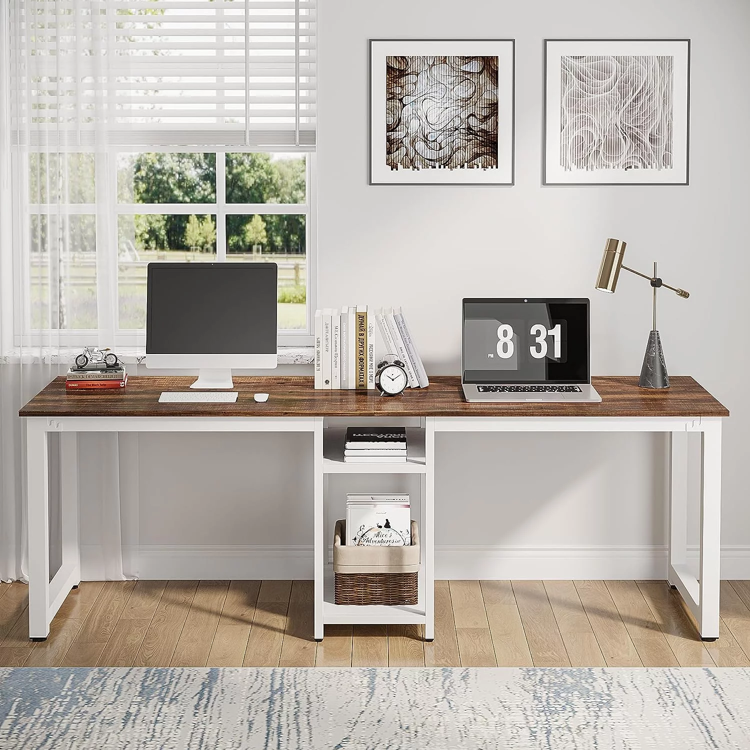 Tribesigns 78" Computer Desk, Extra Large Two Person Office Desk with Shelf, Double Workstation Desk for Home Office (Brown/White)