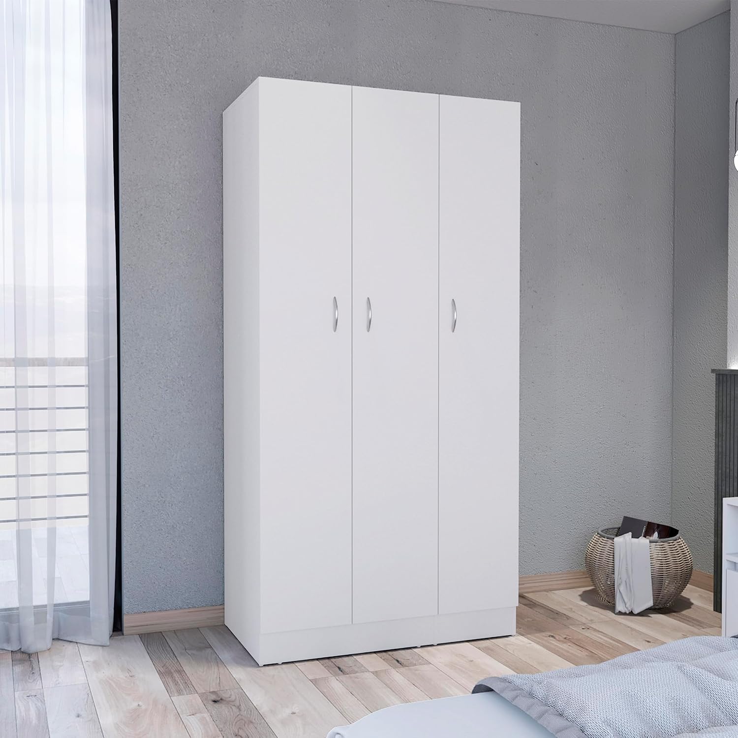 Wardrobe Armoire 71H with 3-Doors and 2-Inner Drawers, 3 Doors, White