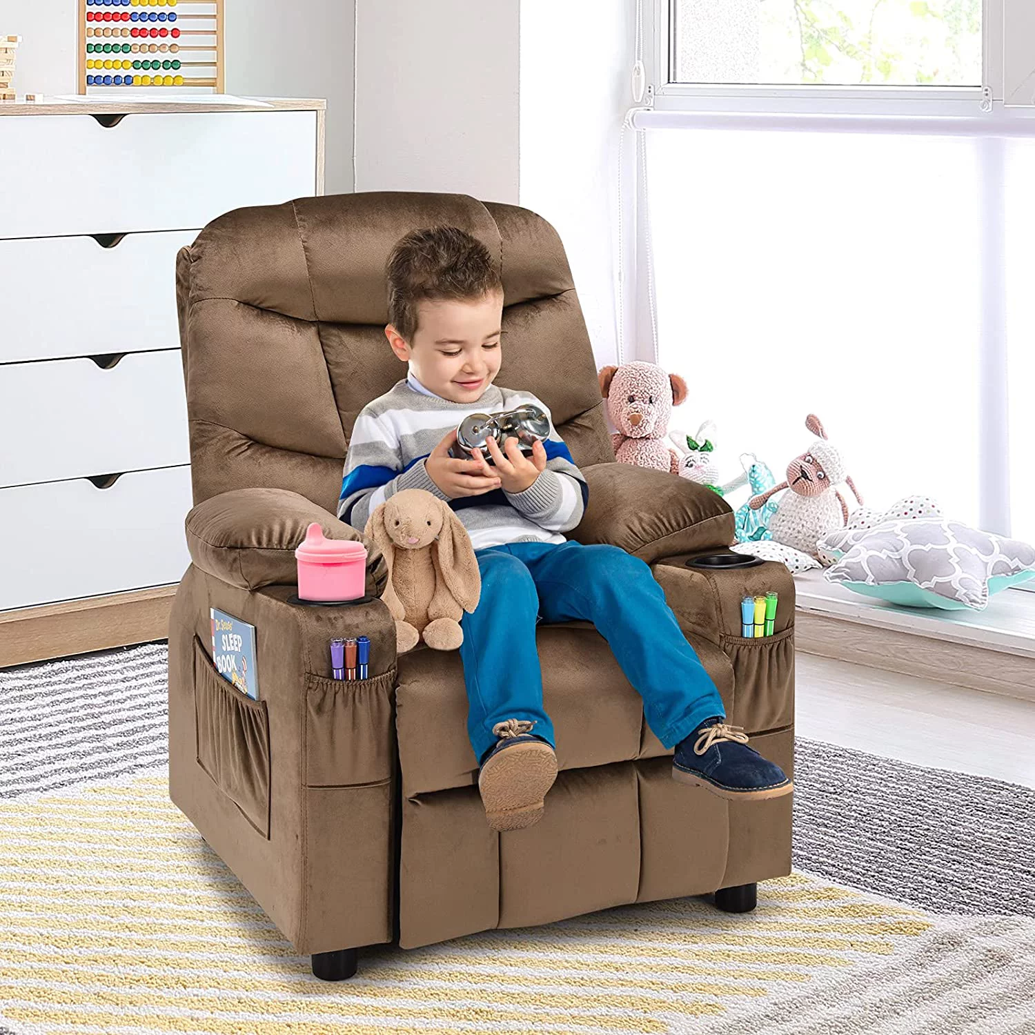 Kids Recliner Chair with Cup Holder  Adjustable Velvet Lounge Chair w/Footrest