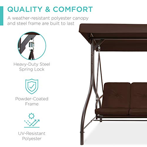Best Choice Products 3-Seat Outdoor Large Converting Canopy Swing Glider, Patio Hammock Lounge Chair for Porch, Backyard w/Flatbed, Adjustable Shade