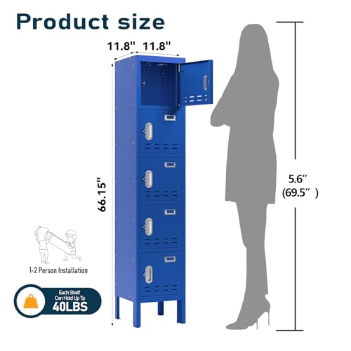 Metal Locker with 5 Doors,Lockers for Employees,66'' Steel Storage Locker for School,Gym, Office, Office,Garage