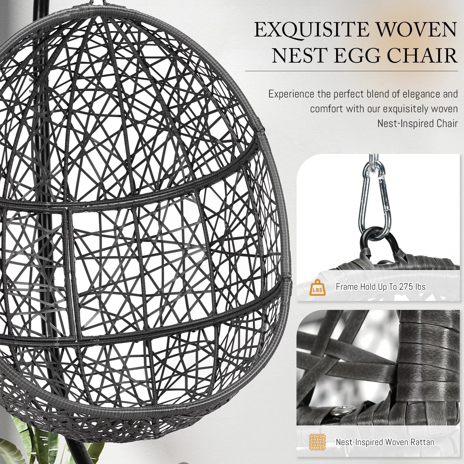 NICESOUL Outdoor Indoor Oversized Black Hanging Swing Nest Egg Chair with Stand and Big Beige Set