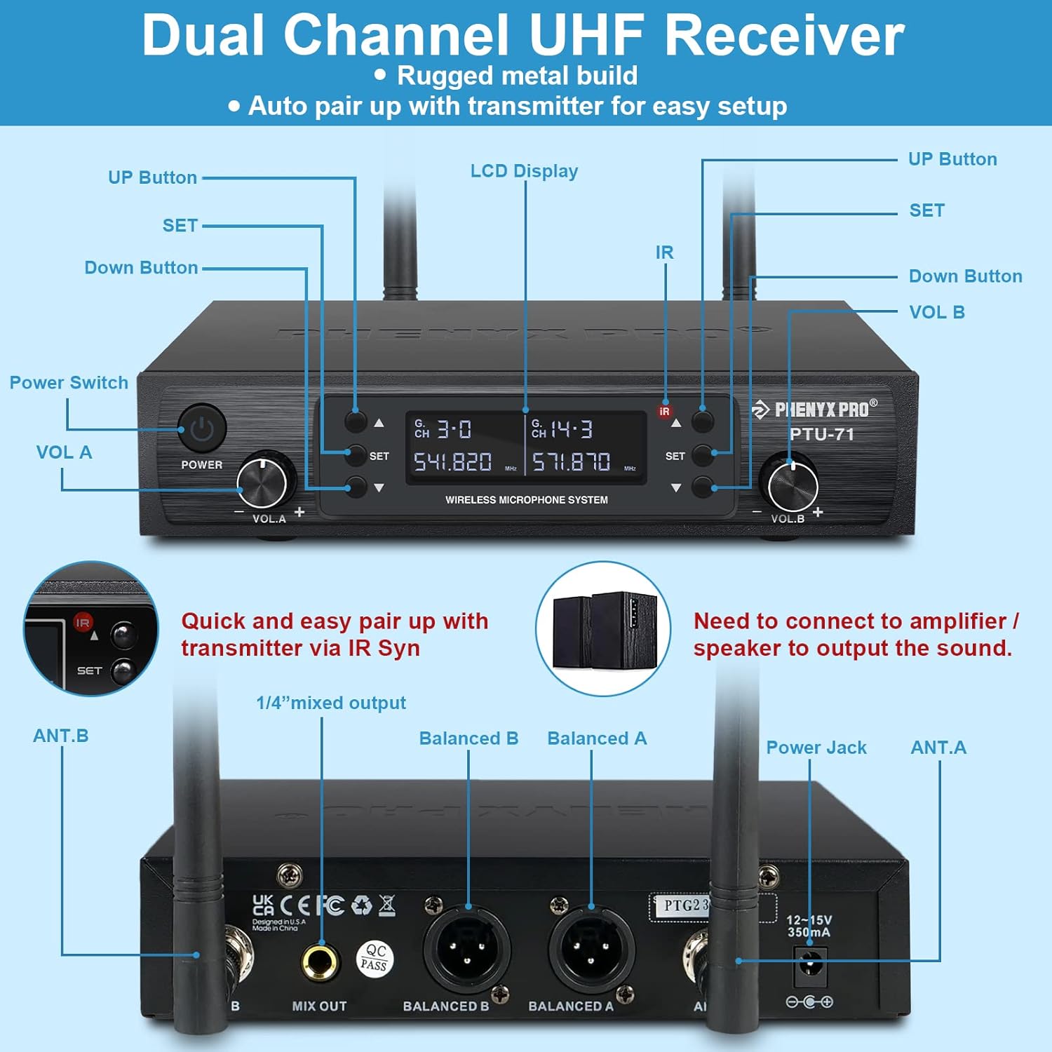 Wireless Microphone System, Phenyx Pro Dual Handheld Cordless Mic Set, 2x100 Channels, Auto Scan, Lock Function, Mute Function, 290-328ft Coverage