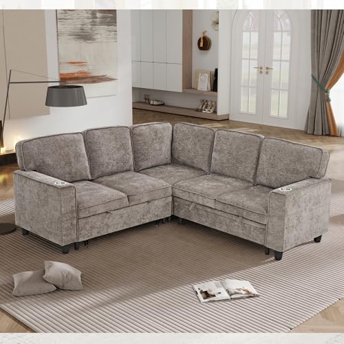 L-Shaped Pull Out Sleep Sofabed,Modern Reversible Sleeper Sectional Sofa Chenille Upholstered Button Tufted Decor with Storage Chaise