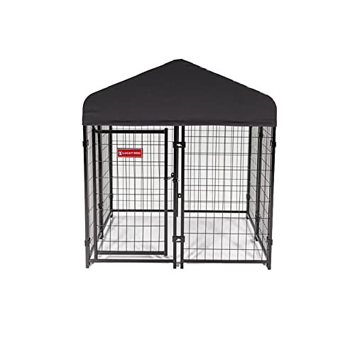 Stay Series 4 by 4 by 4.3 Feet Studio Jr. Black Powder Coat Steel Frame Outdoor Dog Kennel with Waterproof Canopy Roof and Gate Door, Khaki