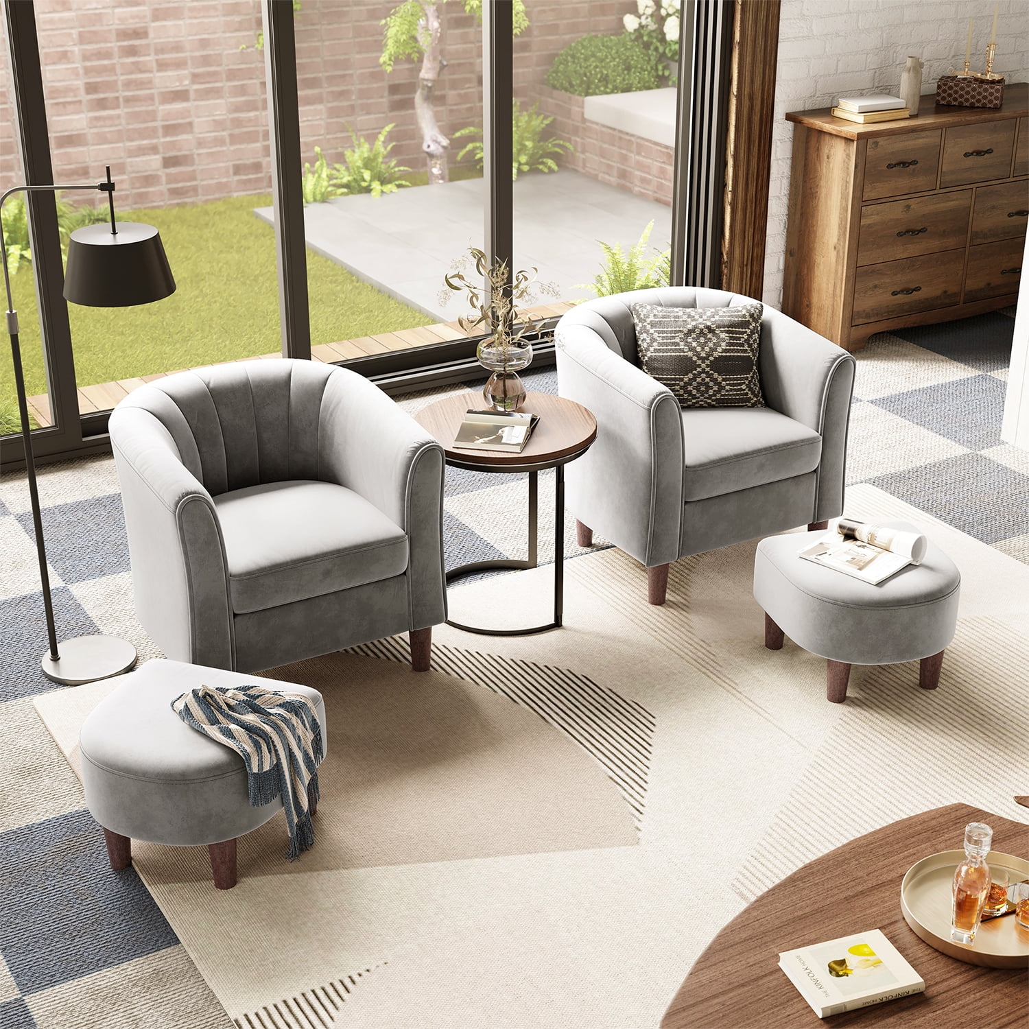 LINSY HOME Velvet Accent Chair with Ottoman for Living Room, Light Grey - Radiant Selections