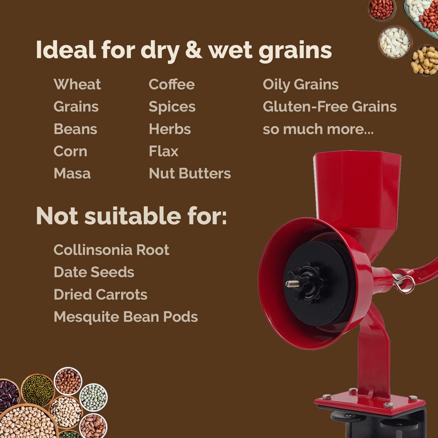 WONDERMILL Manual Hand Grain Mill Red Wonder Junior Deluxe for Dry and Oily Grains - Kitchen Flour Mill, Grain Mill Hand Crank and Spice, Corn