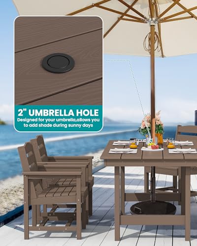 SERWALL Outdoor HDPE Dining Table Set, 7-Piece Outdoor Dining Table Sets with Umbrella Hole Cut-Out Table and 6 Chairs, Gray
