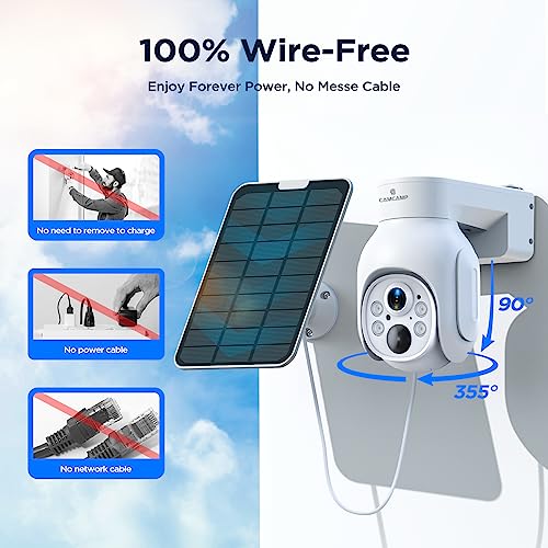Camcamp Wireless Security Camera System, Solar Powered PTZ 4MP 6 Cam-kit Camera Security System, 500GB HDD NVR,Easy Installation, Color Night Vision