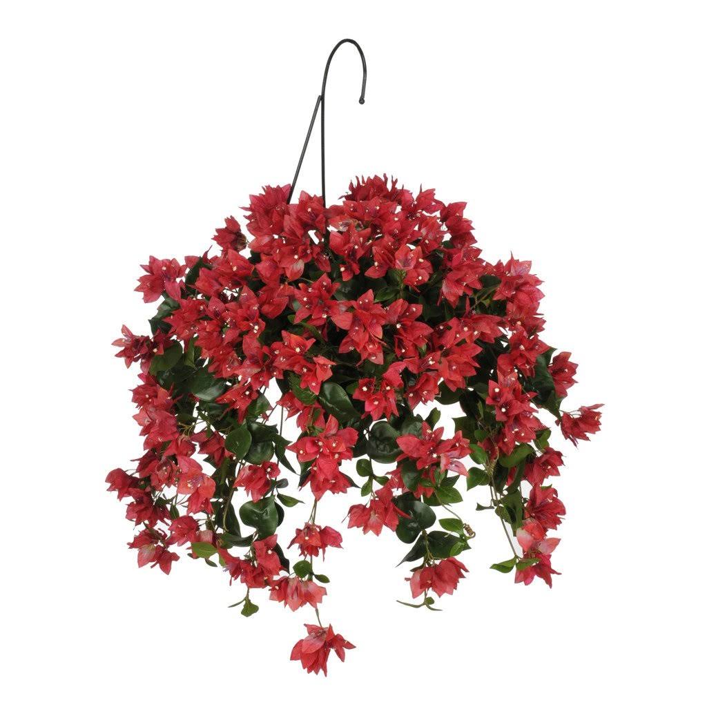 Artificial Bougainvillea Hanging Basket House of Silk Flowers Inc. Base Color White-Washed, Flower Color Red