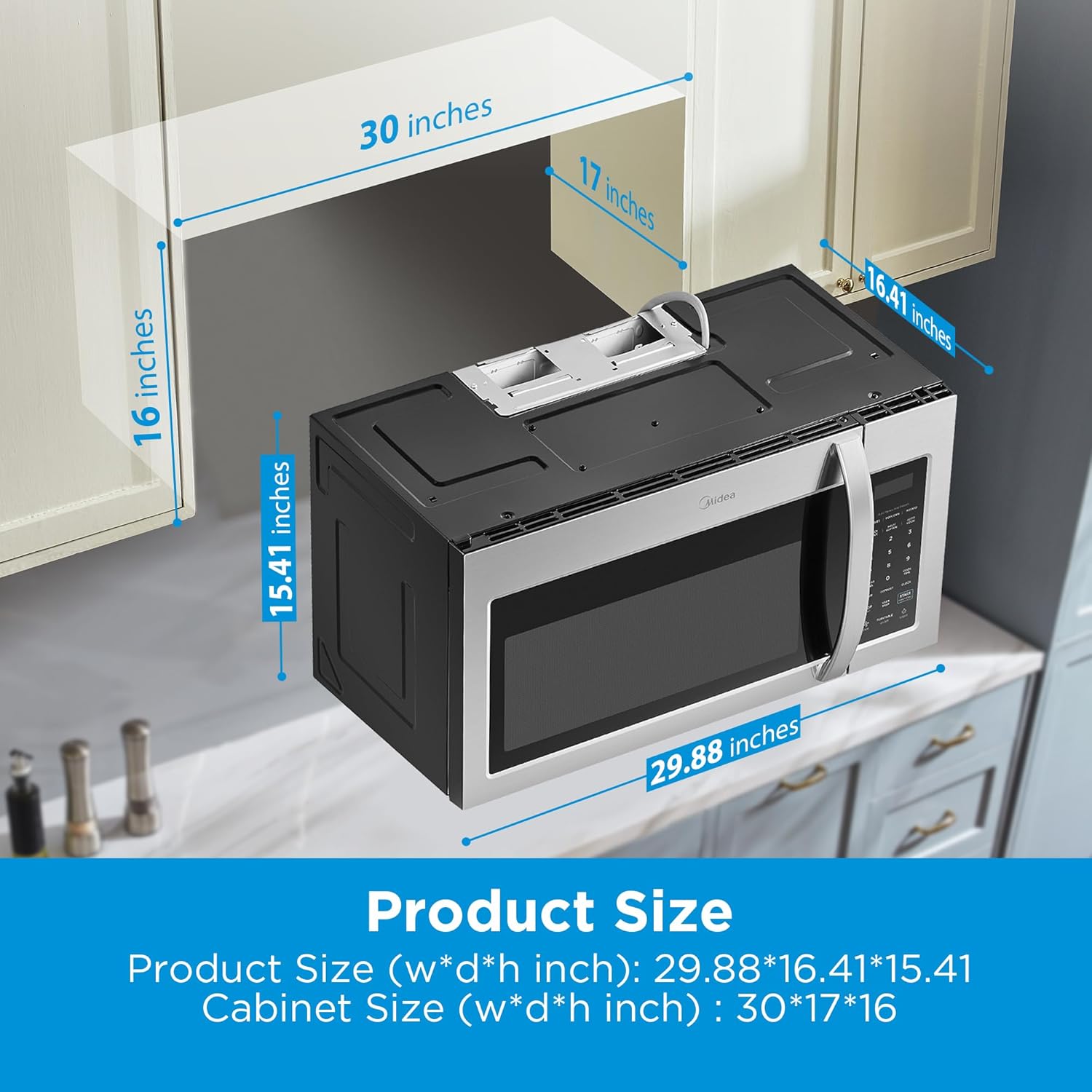 Midea MOR17BSA-SS 1.7 Cu.ft. Over The Range Microwave Oven with Smart Touch Panel, Auto Cooking Menu, 1000 W, 300 CFM Ventilation, in Stainless Steel