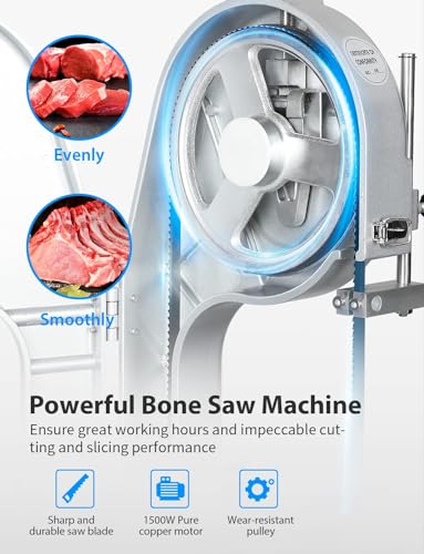 1500W Electric Bone Saw Machine, 0.8-5.9 Inch Cutting Thickness,2.6HP Frozen Meat Cutter 110V Commercial Bandsaw Machine