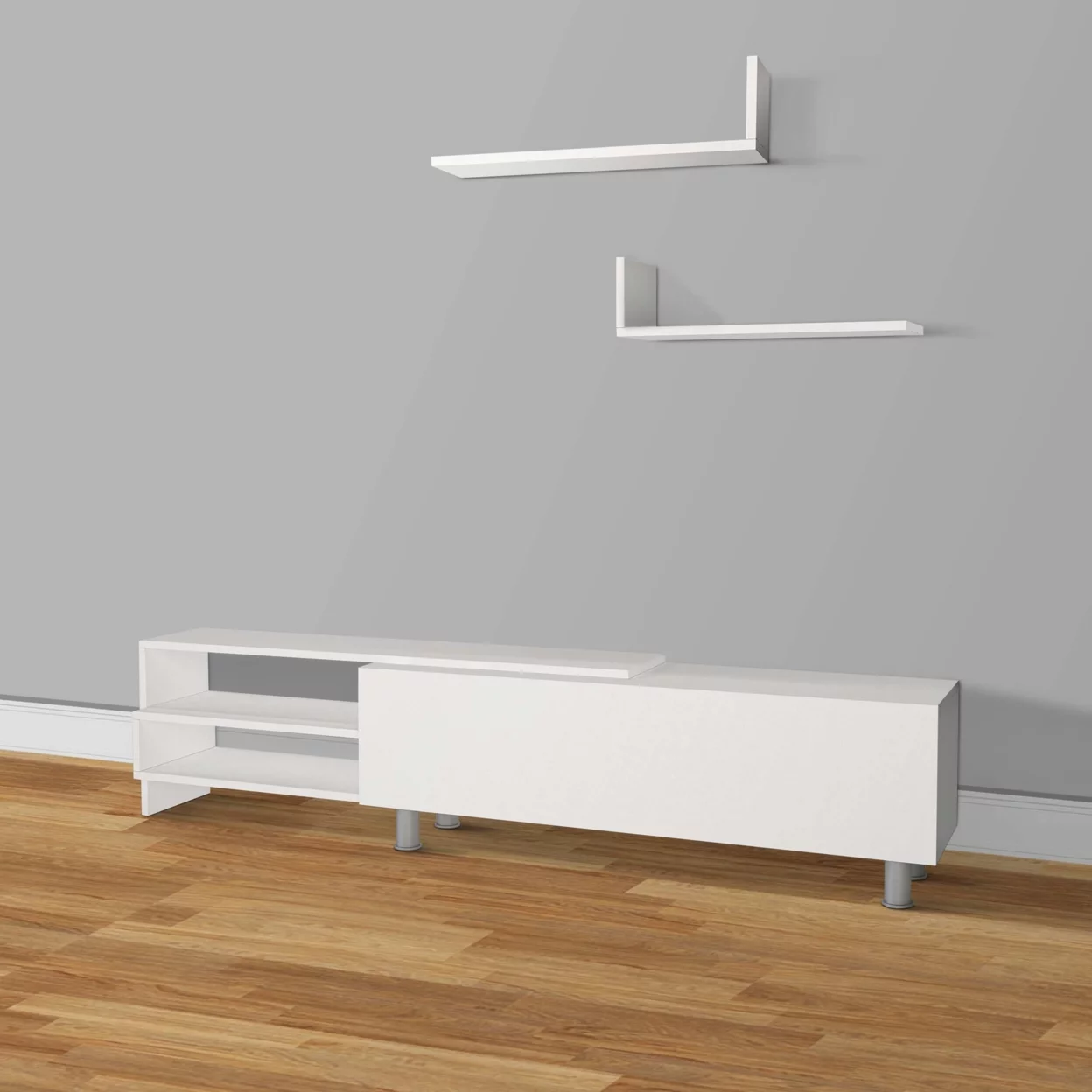 72 Inch Wood TV Console Entertainment Media Center with Storage 3 Piece Set, 2 Floating Wall Shelves, White, Saltoro