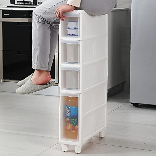 Narrow Tall Floor Cabinet for Bathroom, Vertical Storage Unit with 4 Clear Drawers and Casters