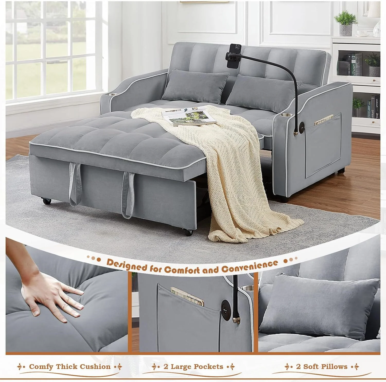 Convertible Sofa Bed with Pull Out Bed - 55" Tufted Velvet Loveseat Sleeper Sofa Adjustable Back with USB Port Ashtray Swivel Phone Stand