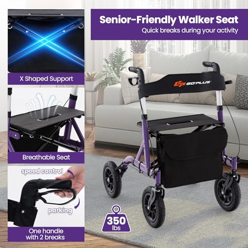 Goplus Rollator Walkers for Seniors with Seat, Foldable Rolling Walker with 9.5” All Terrain Pneumatic Wheel, Supports up to 350 lbs