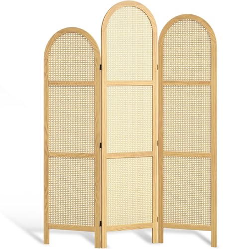 Room Divider and Folding Privacy Screens, Pine Wood 5.6 Ft Double Hinged Rattan Partition Freestanding Wall Room Divider for Home - 3 Panels