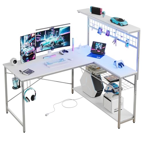 Bestier 42 L Gaming Desk,Computer Desk with Power Outlets, LED Lights, Reversible Corner Desk with 4-Tier Shelves,Cup Holder & Hook Carbon Fiber Black