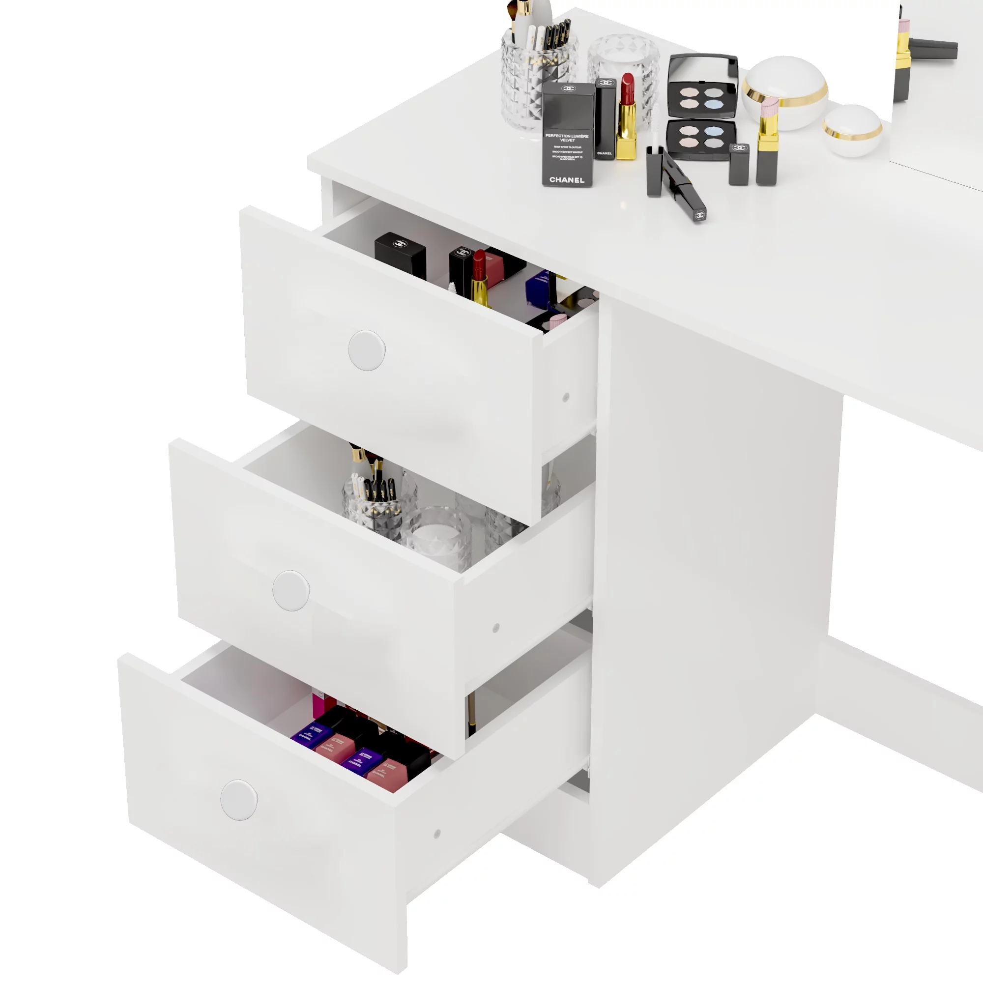Boahaus Kira Mini Modern Vanity Table 3 Drawers, Mirror, Ample Table Top, White Painted for Bedroom