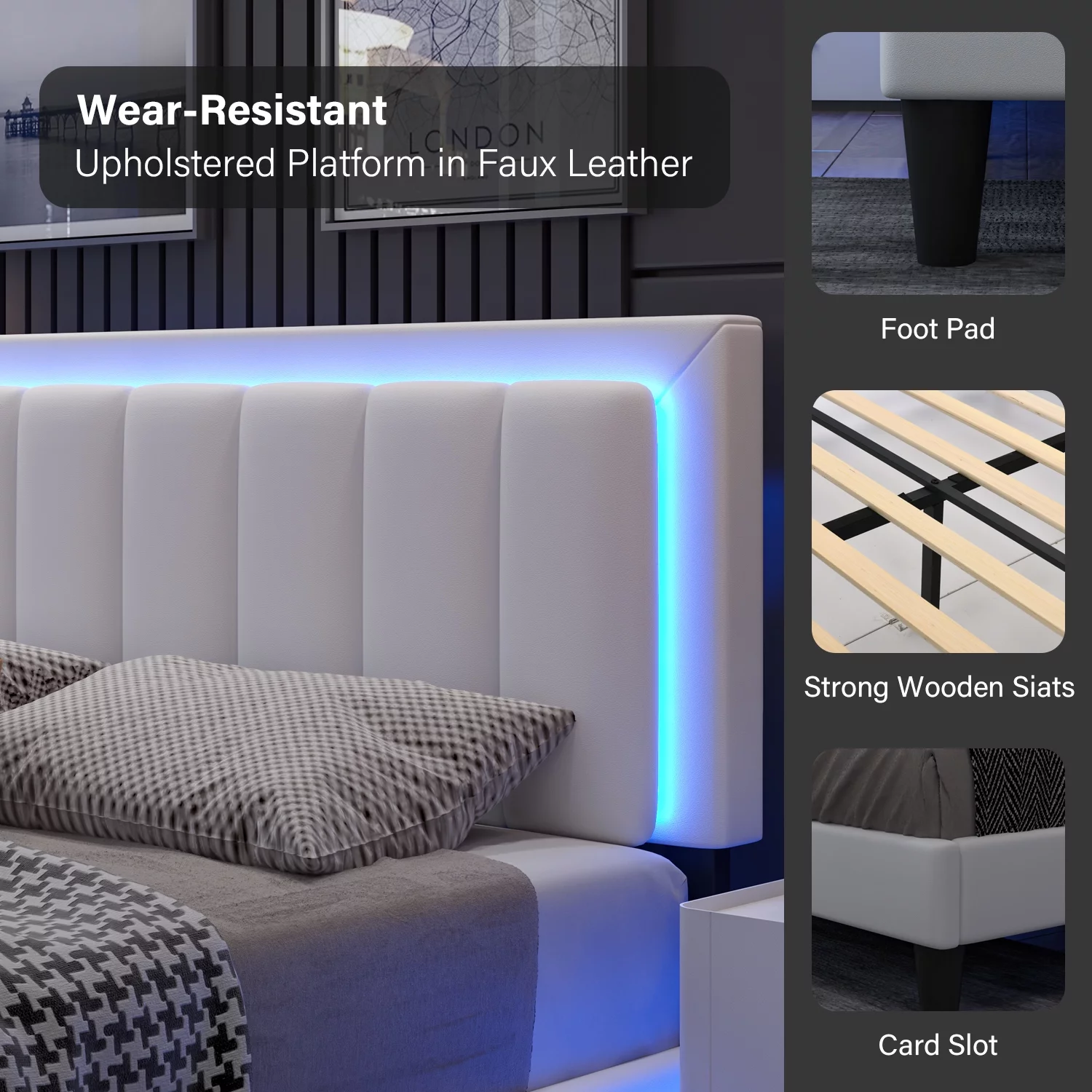 4 EVER WINNER Full Size Led Bed Frame, Upholstered Platform Bed Frame with PU Faux Leather Headboard, White