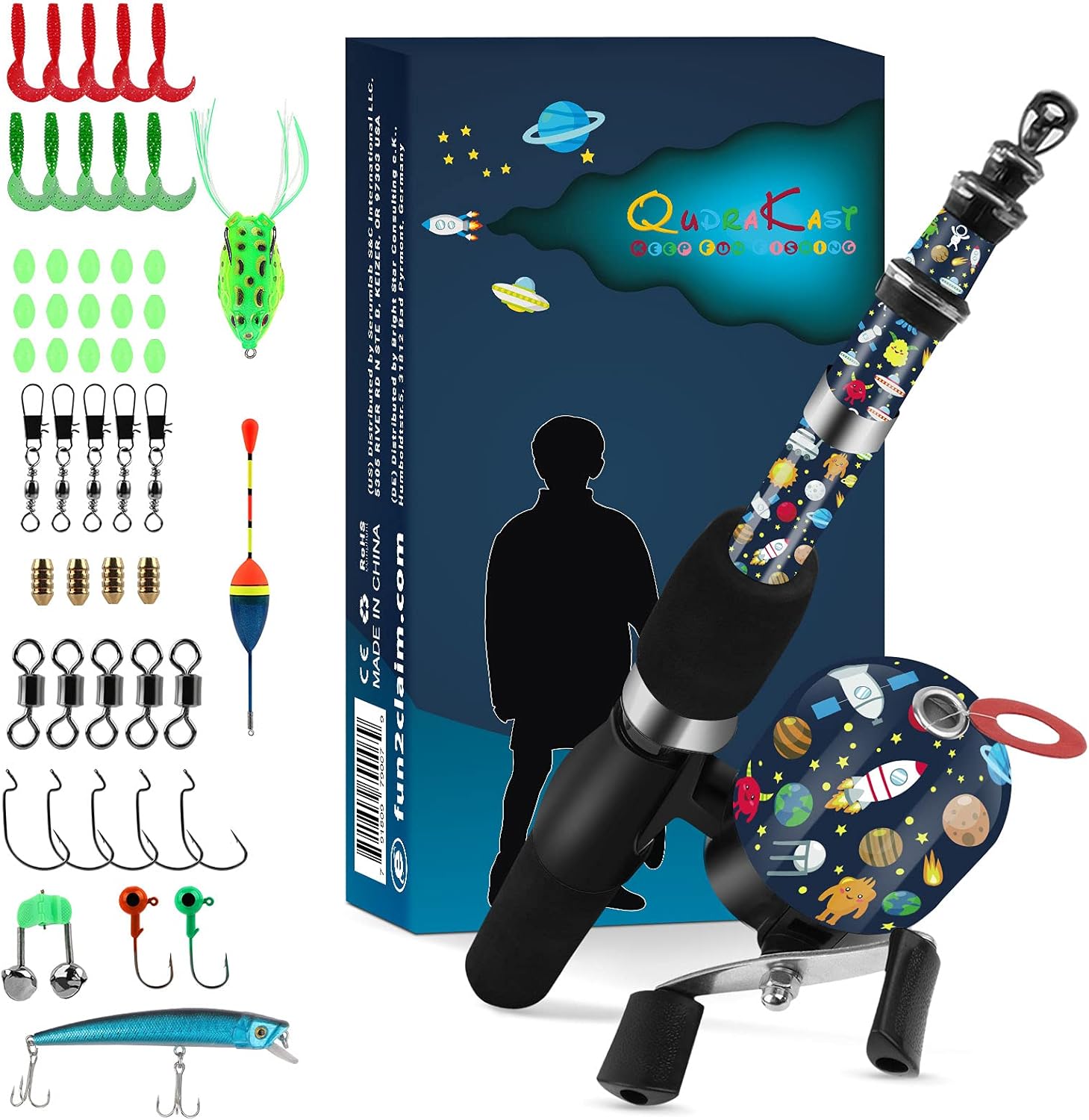 QudraKast Kids Fishing Pole, Portable Kids Fishing Rod and Reel Combo - Melding Funny Cartoon Pattern on Rod and Reel