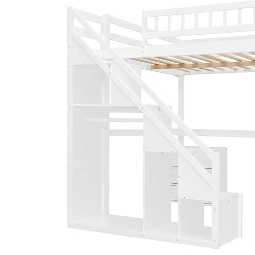 Modern Full Size Gaming Loft Bed with Built-in Desk and Storage Wardrobe, Wood Loft Bed Frame with Light Strip and 2 Drawers