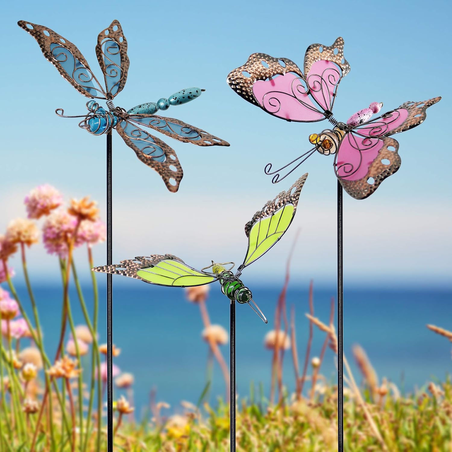 Juegoal 34 Inch Butterfly Garden Stakes Decor, Dragonfly Hummingbird Stakes, Glow in Dark Metal Yard Art for Mom, Mothers Day Ideal Gifts