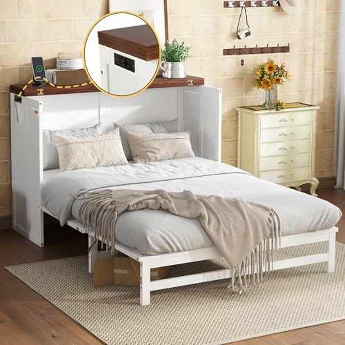 SOFTSEA Queen Size Murphy Bed Cabinet Bed with Storage Drawer and Charging Station, Modern Foldable Platform with USB Port