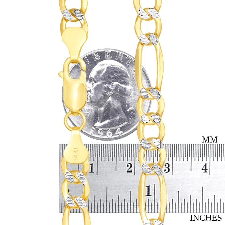 Nuragold 14k Yellow Gold Solid 7.5mm Figaro Chain Link Diamond Cut Pave Two Tone Necklace, Mens Jewelry 20" - 30"