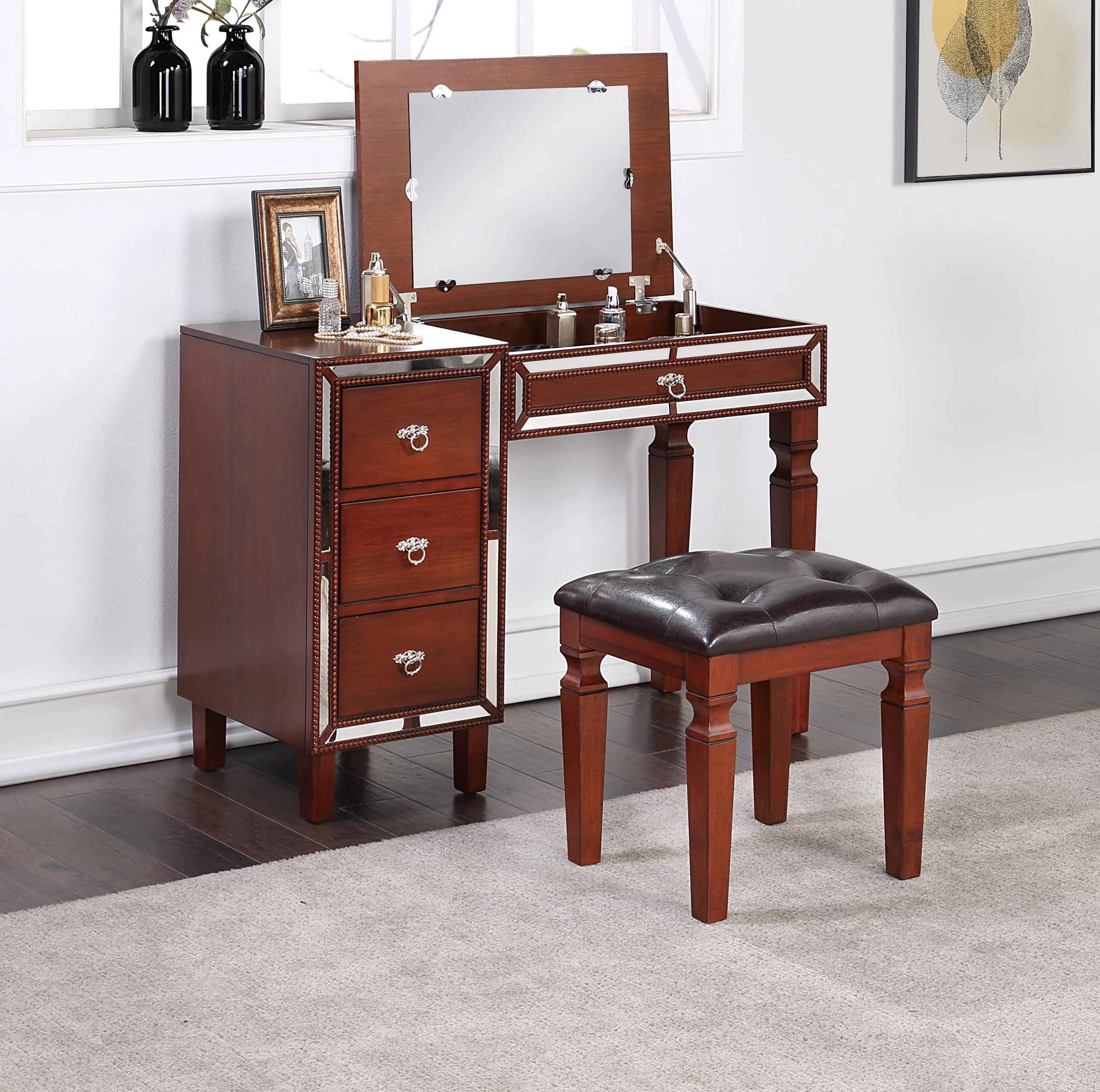 CoSoTower Traditional Formal Cherry Color Vanity Set W Stool Storage Drawers 1PC Bedroom Furniture Set Tufted Seat Stool