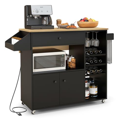Rolling Kitchen Island with Drop Leaf & Power Outlet, Microwave Cart with Storage Cabinet, Drawer, Wine & Cup Holder, Spice & Towel Rack