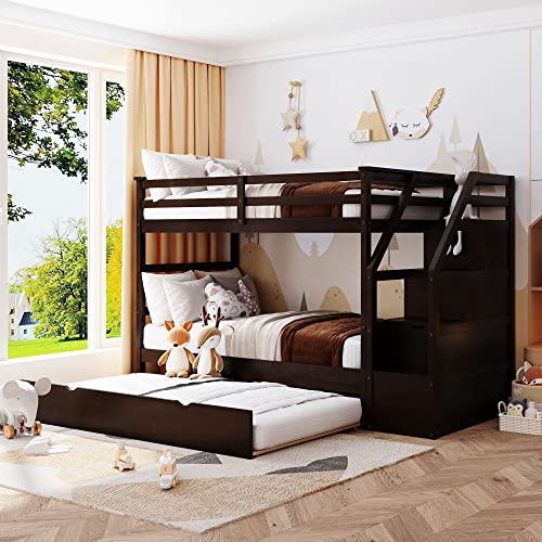 Harper & Bright Designs Twin Over Twin Bunk Bed with Trundle, Wood Bunk Bed with Storage Stairs for Kids Teens Adults (Walnut)