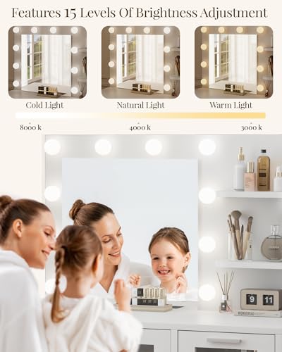 Vanity Desk with Mirror and Lights, Makeup Vanity with Drawer & Storage Shelves, Cabinet, 3 Lighting Modes Adjustable Brightness