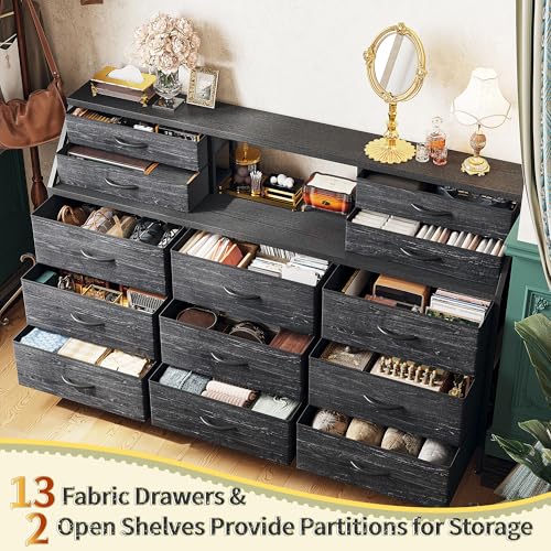 55" W Dresser for Bedroom, Dressers & Chests of Drawers with 13 Fabric Drawers and 2 Open Shelves, Long Vanity Dressers for Bedroom & Closet