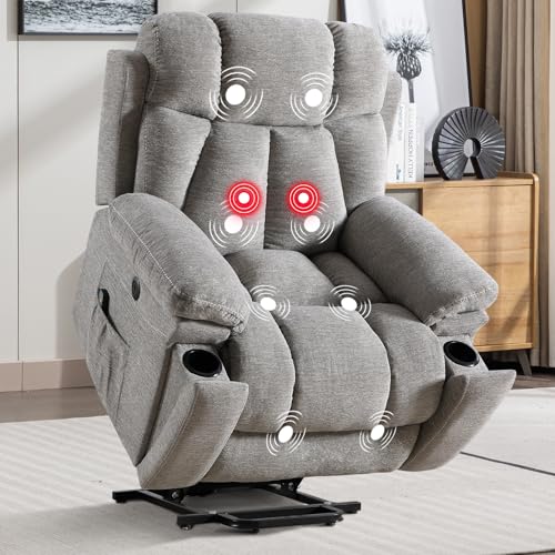 Phoenix Home Large Power Lift Recliner Chair with Massage and Heat for Elderly, Overstuffed Wide Recliners with 2 Cup Holders