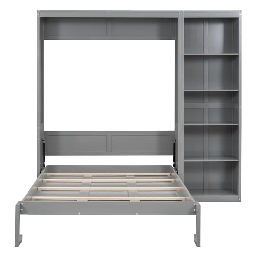 Harper & Bright Designs Full Size Murphy Bed Wall Bed with Storage Shelves, Drawers and LED Lights