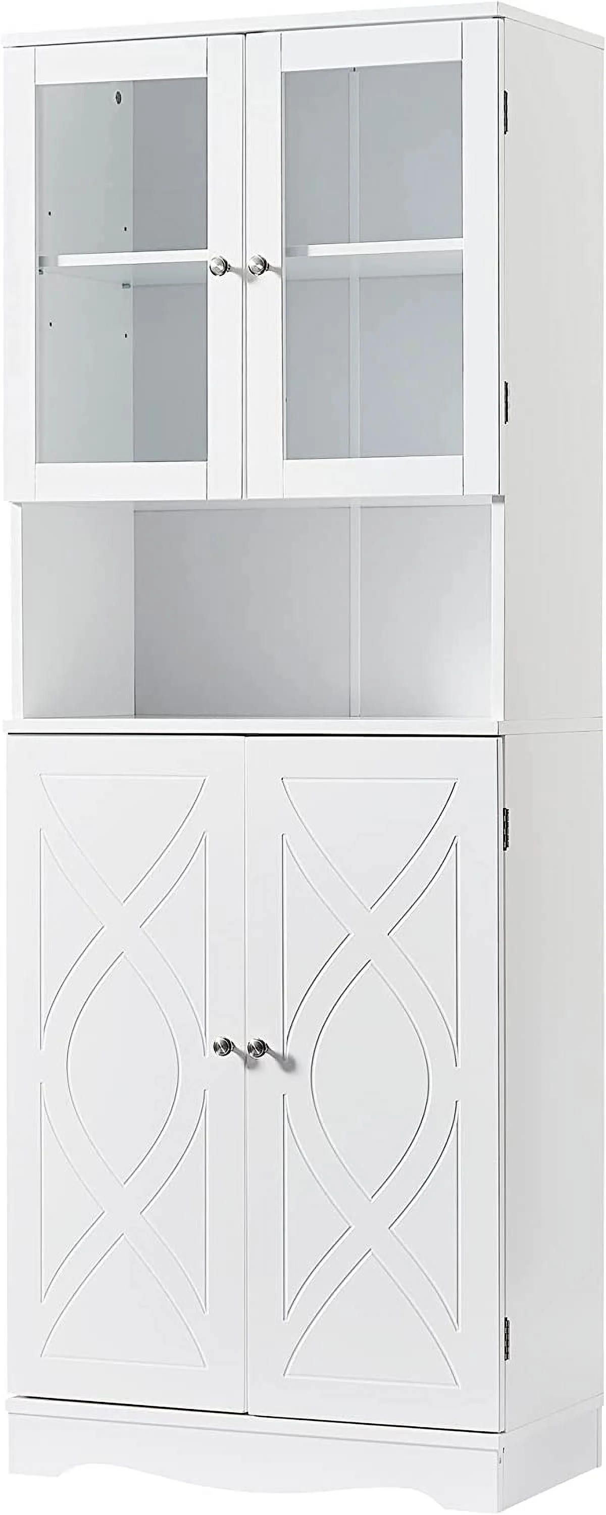 WANHUI, White Bathroom Storage Cabinet with Glass Doors, Open Bookcase, Pantry Cupboard, Adjustable Shelves