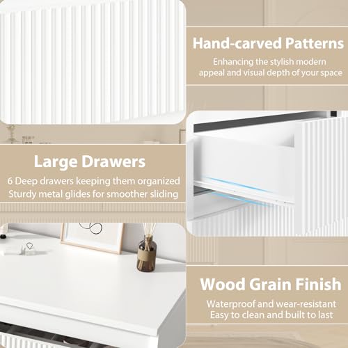 White 6 Drawer Dresser for Bedroom, Modern Fluted Dresser with Deep Drawers, Large Double Wooden Chest of Drawers for Living Room, Hallway