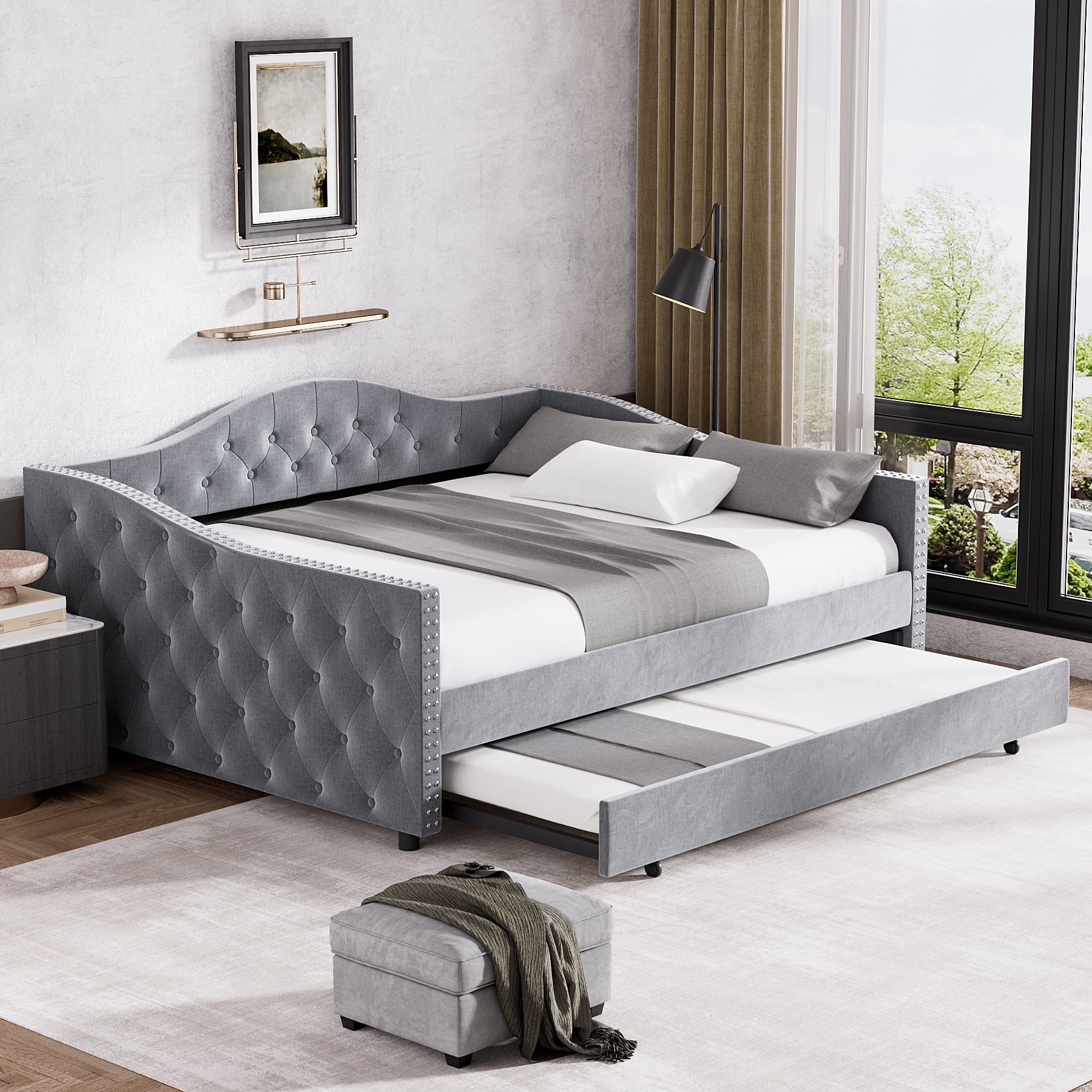 Tufted Upholstered Daybed With Trundle,Full Size Daybed Frame with Wood Slat Support and Button Tufted Backrest,Velvet Sofa Bed Frame for Living Room