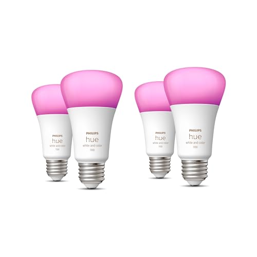 Philips Hue 75W A19 White and Color Ambiance LED Smart Color-Changing Bulb - Pack of 4 - E26 Indoor - Control with Hue App - Compatible with Alexa