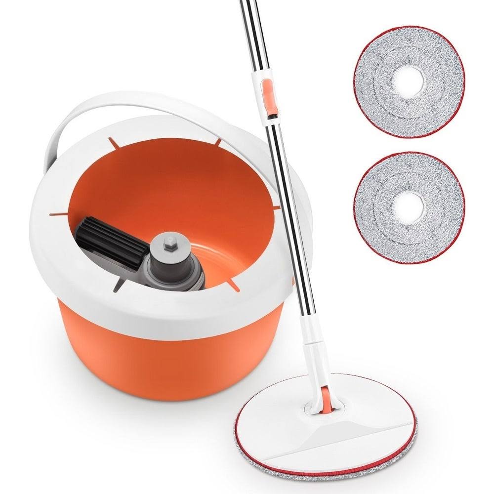Microfiber Spin Mop Bucket Kit with Rotatable Foldable Spin Mop Detachable Cover Adjustable Handle - Mop Size 9.5in, Orange, Cou