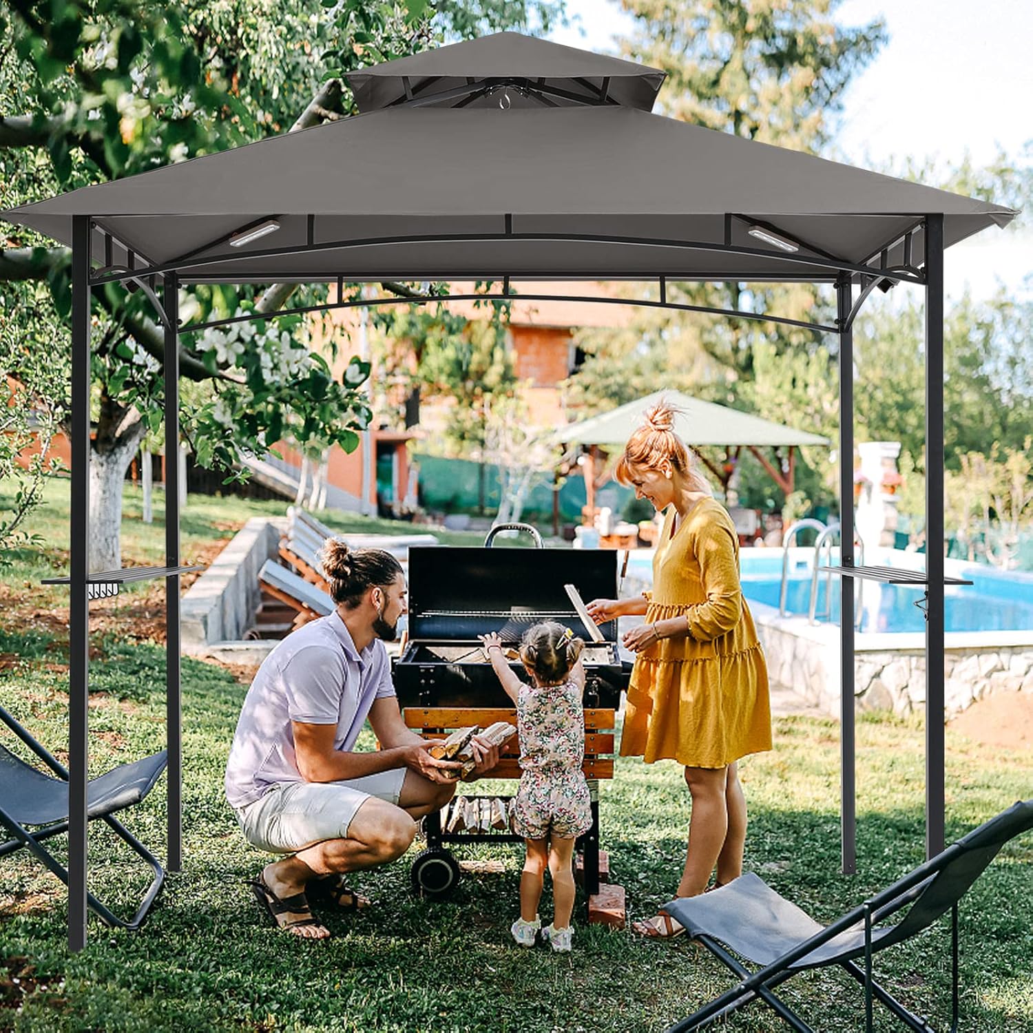 COOSHADE 8'x 5' Grill Gazebo Double Tiered Outdoor BBQ Gazebo Canopy with LED Light (Brown)
