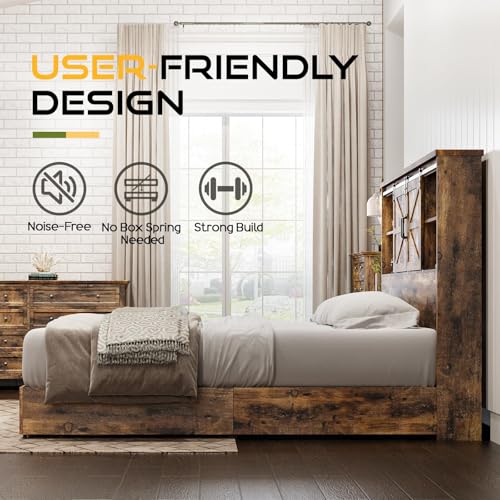 HOWE King Size Bed Frame, Wood Platform Bed Frame with 51.2" Bookcase Headboard, Storage Bed with Sliding Barn Door Charging Station 2 Drawers