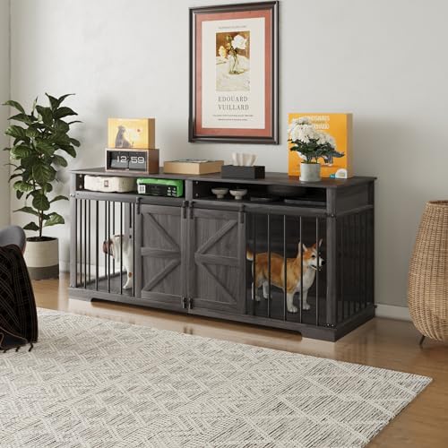 Aoowow Large Double Dog Crate Furniture 72.4" Indoor Dog Kennel with Sliding Barn Door and Divider