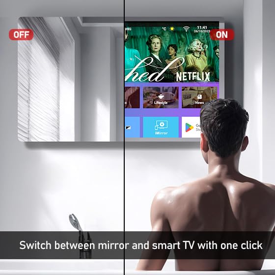 32 inch IP66 Waterproof Android 13 Smart Mirror TV for Bathroom and Bedroom - 4K UHD, Digital Mirror Built-in Voice Assistant, ATSC Tuner, Bluetooth